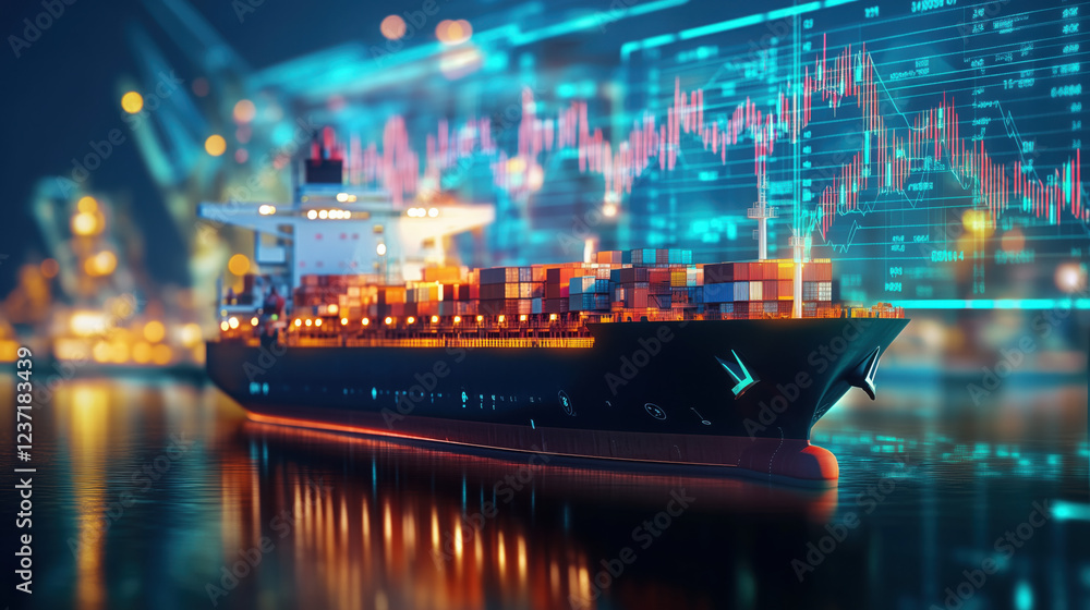 Obraz premium Oil Container Being Loaded onto a Cargo Ship, Featuring Background Energy Market Graphs Illustrating the Fluctuating Global Prices of Petroleum