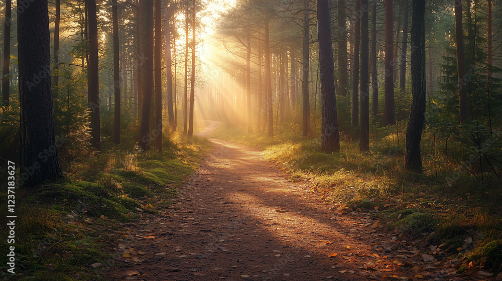 Fototapeta premium Golden Sunlight Illuminates Forest Path With Autumn Foliage Reflections. Foggy Morning Path Through Forest With Vibrant Autumn Leaves