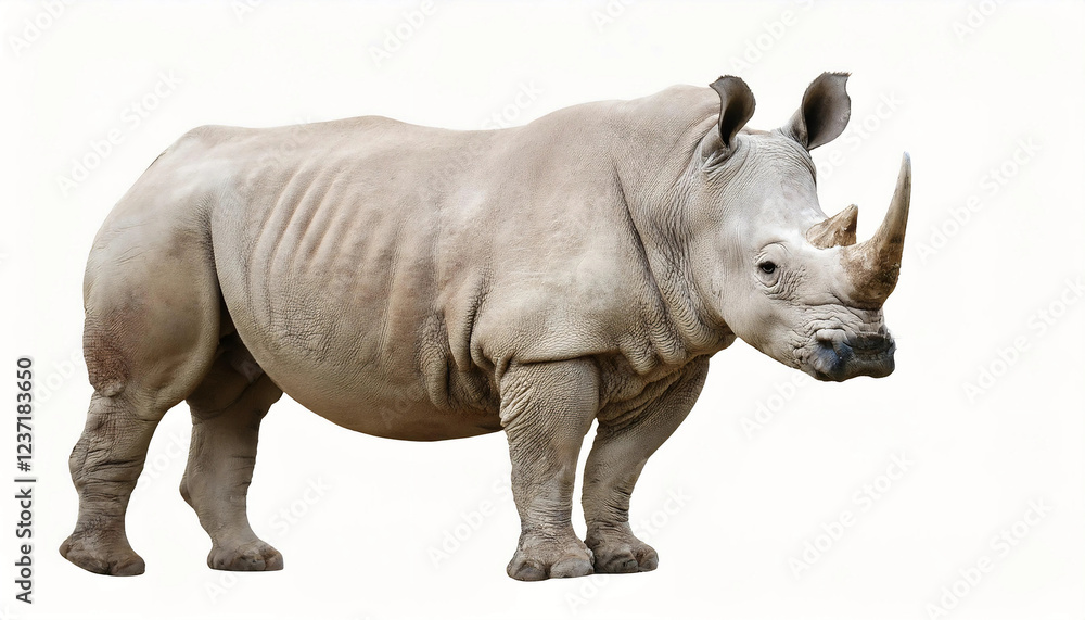 A rhino isolated on a white background, showcasing its thick, textured skin, strong build, and distinctive horn, representing power, wildlife, and conservation themes. A rhino isolated on a white background, showcasing its thick, textured skin, strong build, and distinctive horn, representing power, wildlife, and conservation themes.