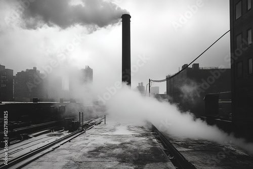 monochrome photo large factory chimney releasing steam in industrial landscape with metal structures and pipes photo