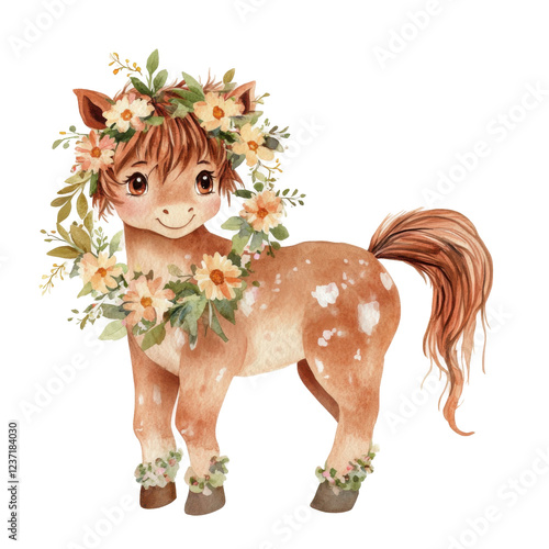 Watercolor cute pony with flower garland and rustic charm isolated png photo