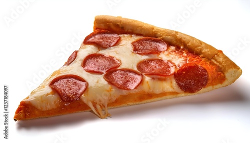 Close-up of a slice of pepperoni pizza isolated on a white background, featuring melted cheese, crispy crust, and savory pepperoni slices for a mouthwatering appeal photo