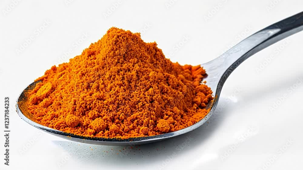 A close-up of a spoon filled with vibrant turmeric powder, symbolizing Indian cuisine and wellness A close-up of a spoon filled with vibrant turmeric powder, symbolizing Indian cuisine and wellness