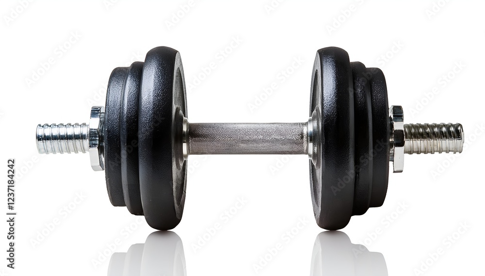 Fototapeta premium A sleek, heavy-duty dumbbell with a chrome handle and black rubber-coated weights, isolated on a white background, representing fitness, strength, and training essentials