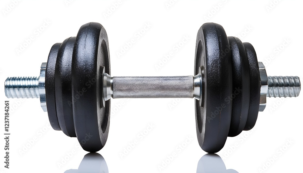 A sleek, heavy-duty dumbbell with a chrome handle and black rubber-coated weights, isolated on a white background, representing fitness, strength, and training essentials A sleek, heavy-duty dumbbell with a chrome handle and black rubber-coated weights, isolated on a white background, representing fitness, strength, and training essentials