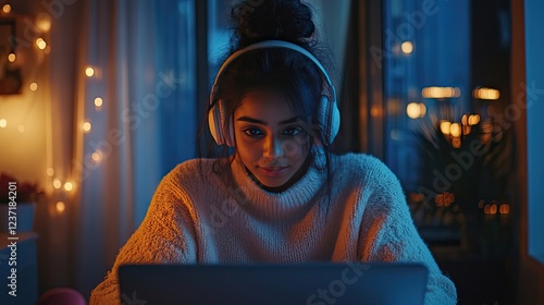 Indian female wearing headphones sitting in front of a laptop engaged in a video call with an African woman colleague, psychologist or counselor