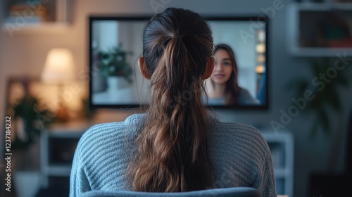 Indian girl communicating with a friend online via video call, view over her shoulder. Mental health expert online therapy, colleagues working on a common project via videoconferencing