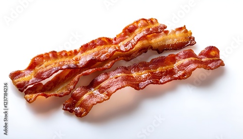 Golden-brown crispy bacon strips with a slightly curled shape and glistening fat marbling, isolated on a white background, perfect for food photography and culinary designs photo