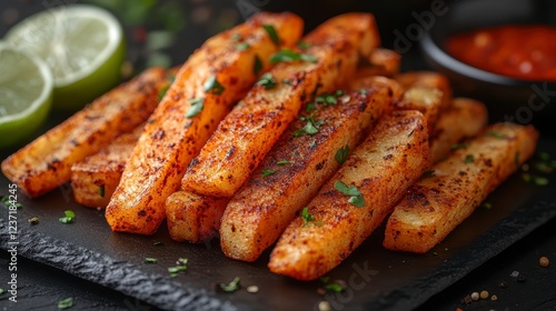 Spicy potato fries with lime, cilantro, and dipping sauce
