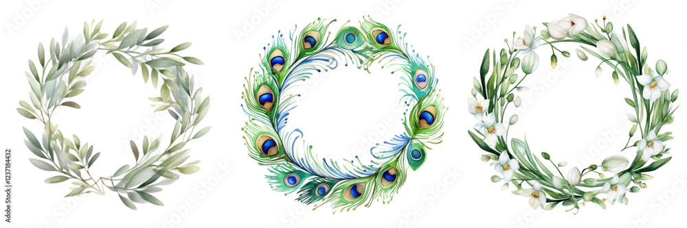 Obraz premium Set of three decorative wreaths: olive branches, peacock feathers, and white flowers isolated png