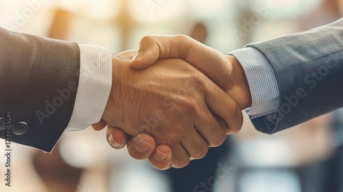 Male boss shaking hands with a top manager during a corporate meeting, recognizing and expressing appreciation for a job well done