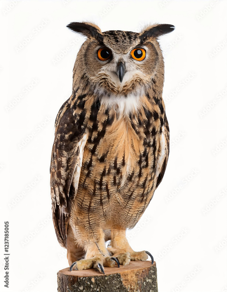 Obraz premium A majestic owl standing with its sharp talons, intricate feather patterns, and piercing eyes, isolated on a white background, symbolizing wisdom, nocturnal nature, and wildlife.