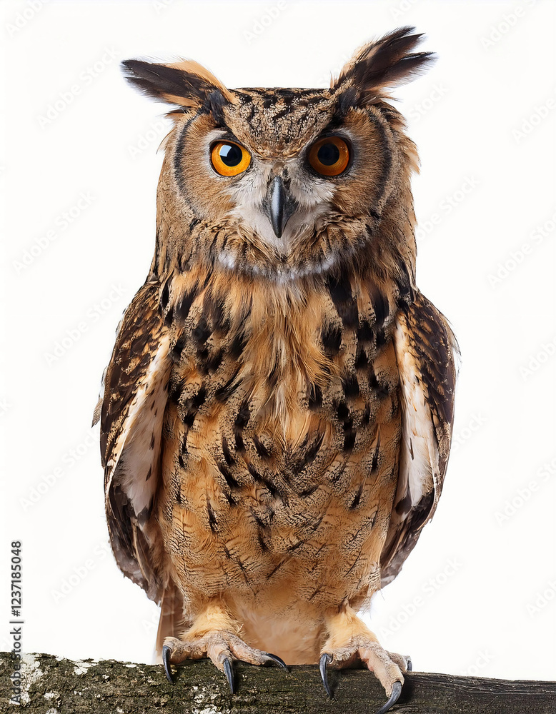 Fototapeta premium A majestic owl standing with its sharp talons, intricate feather patterns, and piercing eyes, isolated on a white background, symbolizing wisdom, nocturnal nature, and wildlife.