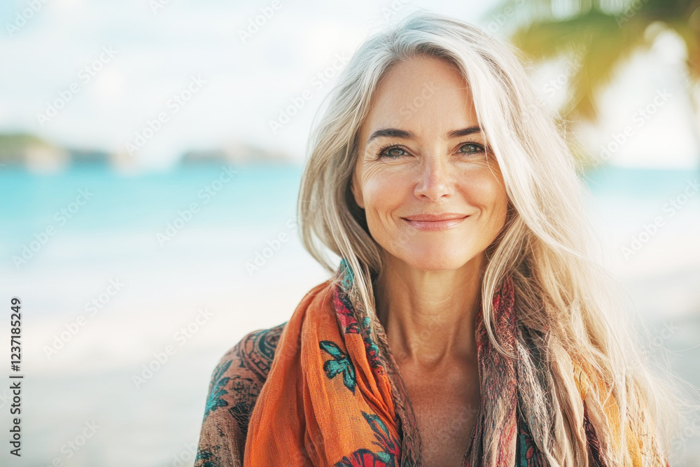 Smiling woman with long, flowing hair relaxes on the beach, embracing the warm sun and tranquil ocean atmosphere during a holiday Smiling woman with long, flowing hair relaxes on the beach, embracing the warm sun and tranquil ocean atmosphere during a holiday