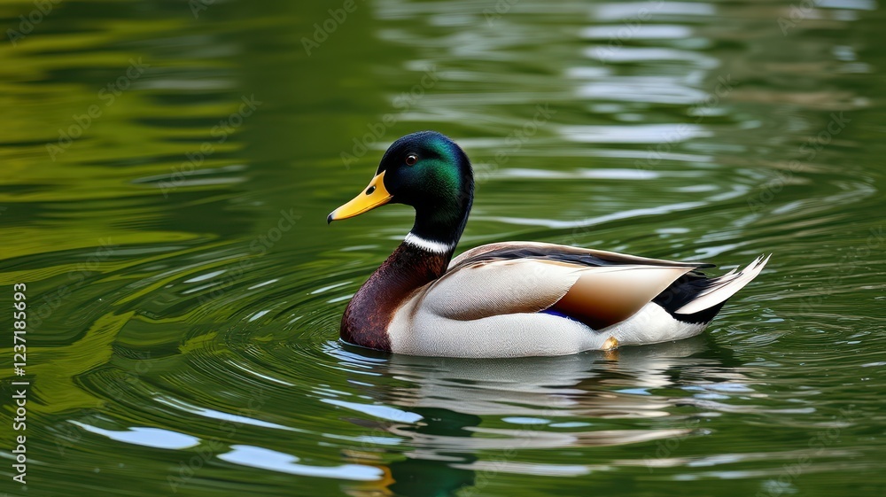 Mallard duck gliding gracefully across a serene pond surrounded by lush greenery during a sunny day