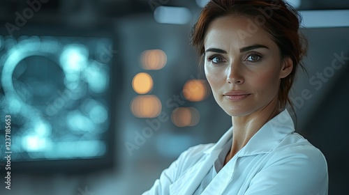 Middle-aged female doctor wearing a white coat, posing in a clinic conference room, exuding experience and authority as the head of a medical department