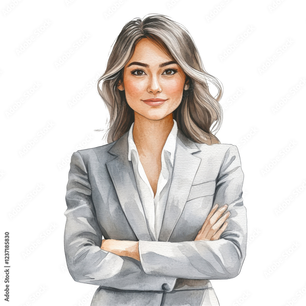 Confident young asian female professional in gray suit with long hair and arms crossed isolated png Confident young asian female professional in gray suit with long hair and arms crossed isolated png