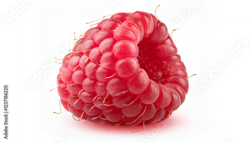 A single ripe raspberry with vibrant red color and delicate drupelets, isolated on a white background, showcasing its juicy and fresh appearance photo