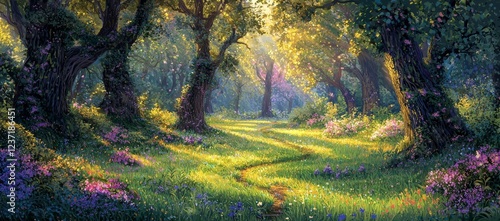 An otherworldly fantasy scene with trees and flowers, evoking the Garden of Eden. A magical fairytale forest, a lush green oasis bathed in sunlight and shadows, complete with creepers and an arch,