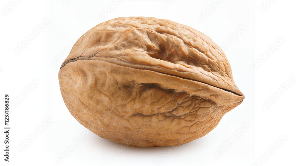 Whole walnut in its shell on a white background. Detailed and textured. Perfect for natural, organic, or food-themed designs, showing simplicity, and emphasizing healthy eating Whole walnut in its shell on a white background. Detailed and textured. Perfect for natural, organic, or food-themed designs, showing simplicity, and emphasizing healthy eating