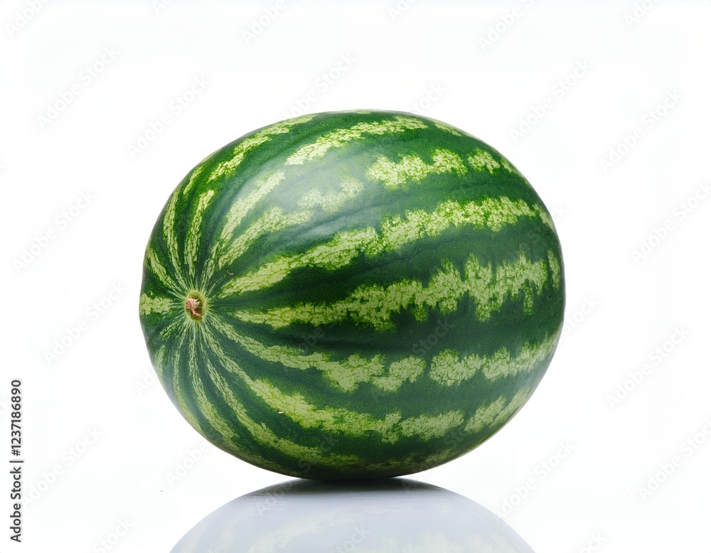 A whole fresh watermelon with a deep green rind and subtle striping, isolated on a white background, showcasing its juicy, sweet, and refreshing nature A whole fresh watermelon with a deep green rind and subtle striping, isolated on a white background, showcasing its juicy, sweet, and refreshing nature