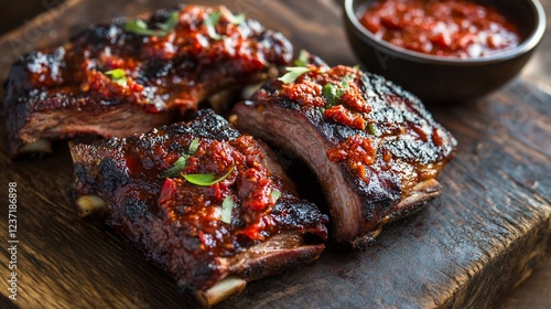 Delicious Grilled BBQ Ribs with Spicy Red Sauce, Closeup View of Tender and Juicy Meat on Rustic Wooden Board photo