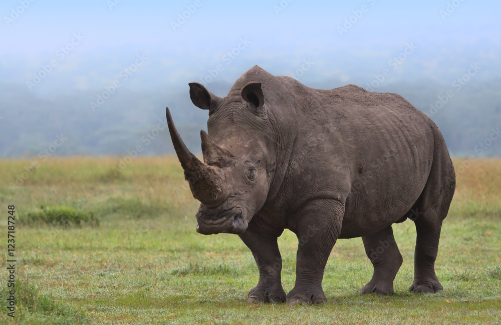 Obraz premium southern white rhino standing alert in a misty morning in the wild savannah of solio game reserve, kenya