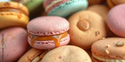 Colorful assortment of macarons arranged in a decorative fashion on a neutral background