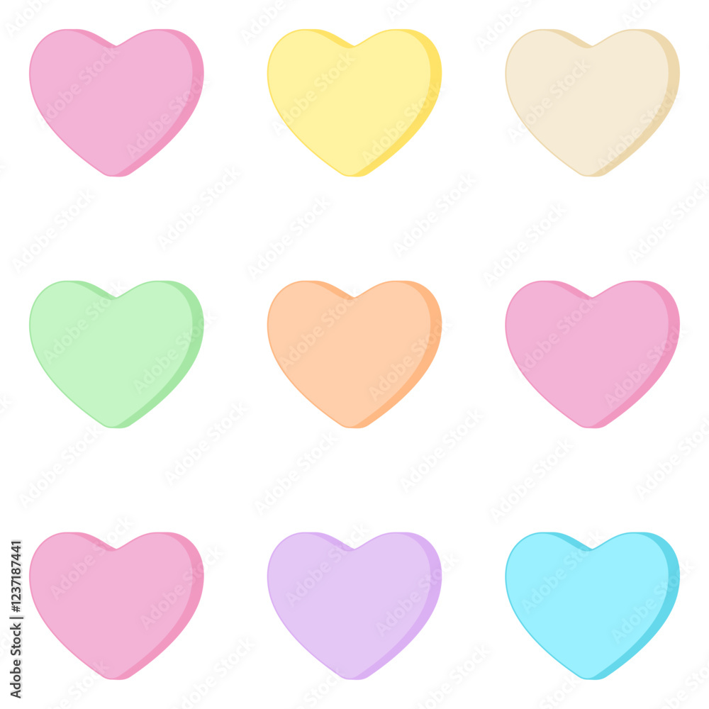 Candy hearts or love heart shaped sweets in pastel colors as a repeating background pattern in vector illustration
