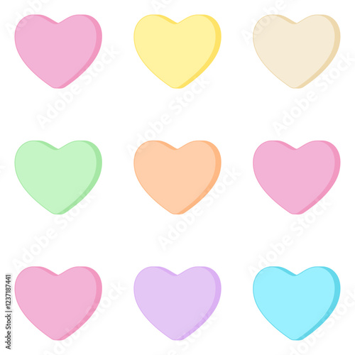 Candy hearts or love heart shaped sweets in pastel colors as a repeating background pattern in vector illustration