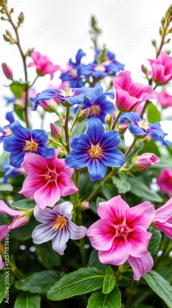 A close-up shot of pink and blue flowers in bloom against a white background A close-up shot of pink and blue flowers in bloom against a white background