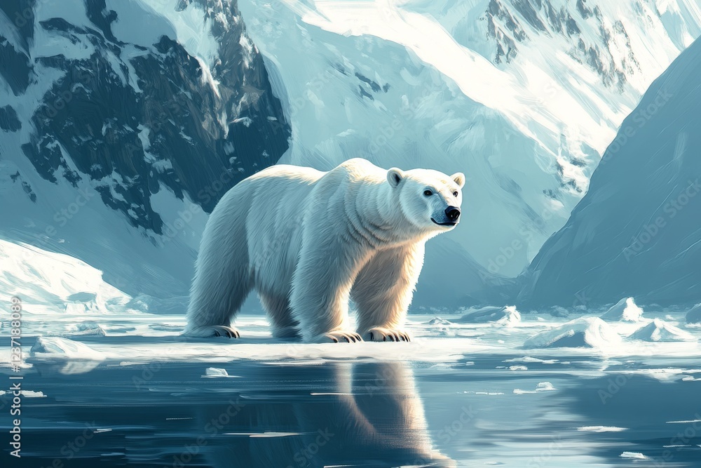 Polar bear navigating icy landscape in a remote arctic region during winter sunlight Polar bear navigating icy landscape in a remote arctic region during winter sunlight