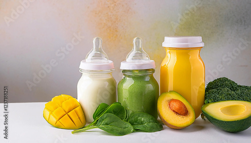 A well-organized baby feeding station displaying bottles, bibs, and a blender filled with fresh ingredients such as spinach and mango, creating a fresh, healthy meal-prep setup for homemade baby food photo