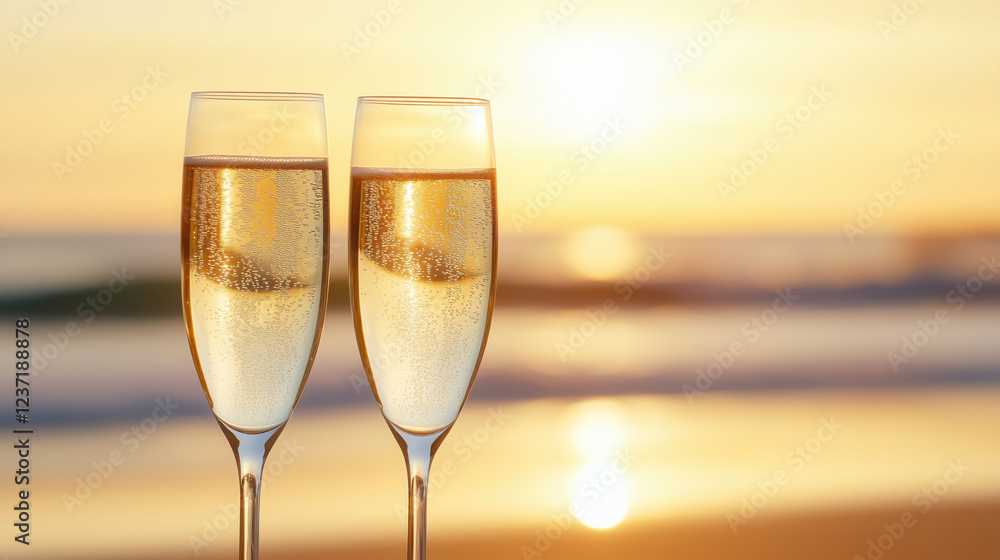 Close-Up of Champagne Glasses Clinking Together During a Sunset Toast on a Pristine Beach, Surrounded by Golden Sand and Gentle Waves in the Background Close-Up of Champagne Glasses Clinking Together During a Sunset Toast on a Pristine Beach, Surrounded by Golden Sand and Gentle Waves in the Background