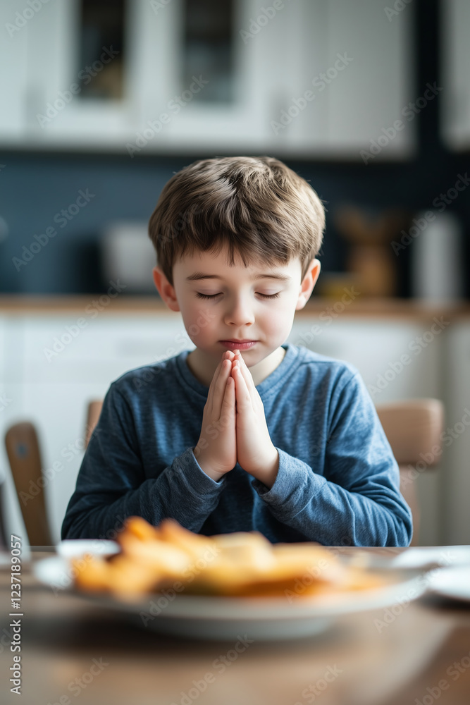 Young boy praying at kitchen table before meal. Child saying his prayers. Young boy praying at kitchen table before meal. Child saying his prayers.