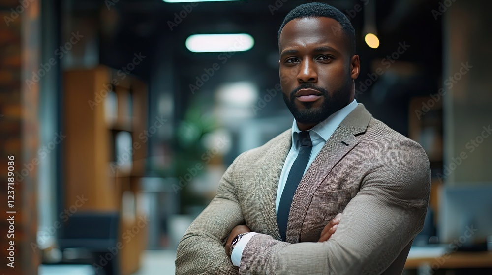 Fototapeta premium Portrait of an ambitious, confident Black CEO standing with arms crossed in an office, proud of his career achievements and success