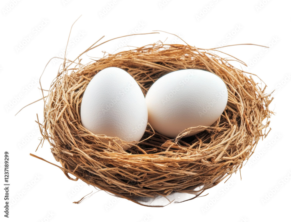 Two white eggs resting in a straw nest isolated on transparent background Two white eggs resting in a straw nest isolated on transparent background