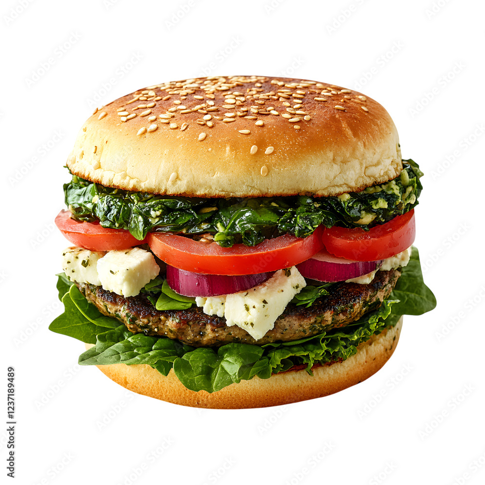Spinach and Feta Veggie Burger Isolated on Transparent Background Spinach and Feta Veggie Burger Isolated on Transparent Background