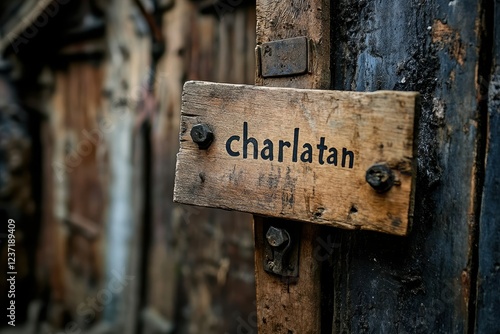 A Rustic Wooden Sign with the Word 'Charlatan' Displayed in Weathered Text, Mounted on an Aging Wall, Evoking Mystery and Intrigue in a Vintage Setting