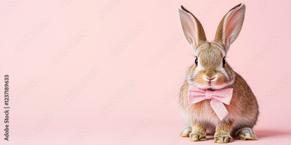 Obraz premium White rabbit wearing bow tie on solid pastel background with confetti. Celebrating Easter.