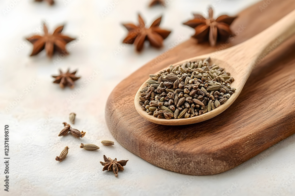 Wooden board with dried anise seeds and spoon on light background Wooden board with dried anise seeds and spoon on light background
