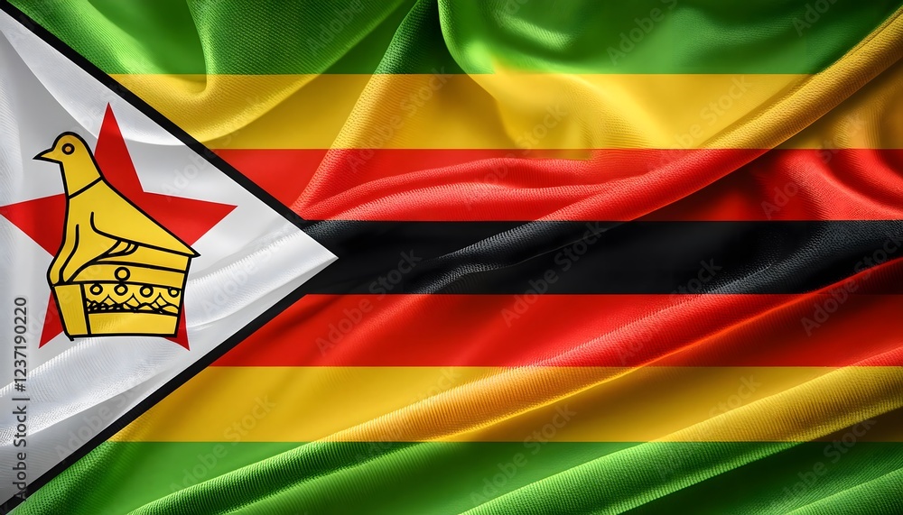 Vibrant Zimbabwe flag waving with luxurious satin texture - Patriotic and cultural symbol Vibrant Zimbabwe flag waving with luxurious satin texture - Patriotic and cultural symbol
