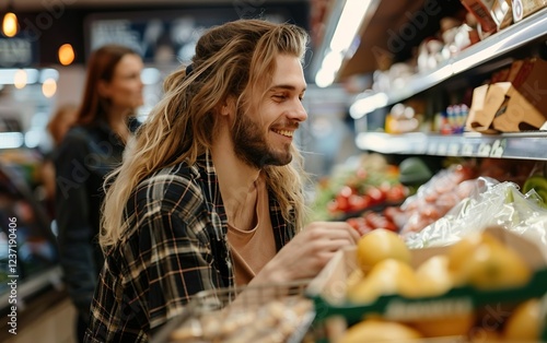 Couple going grocery shopping together. Equality of household management. Shared housework responsibilities, comanagement, domestic symmetry teamwork, collaborative partnership, joint effort concept photo