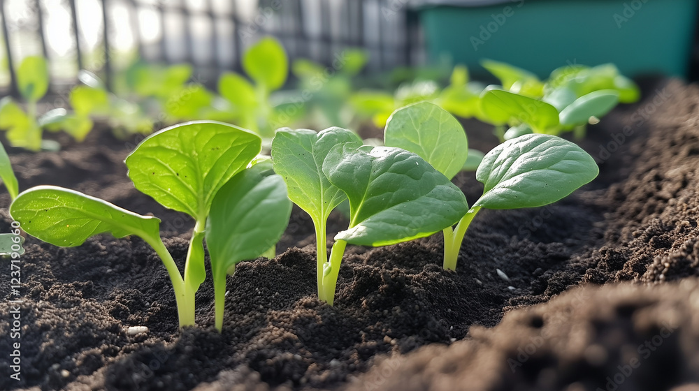 Spring sprouts emerging from the fertile soil of a freshly tilled garden bed, with vibrant green leaves reaching for the sun. The sunlight highlights the delicate leaves, symbolizi Spring sprouts emerging from the fertile soil of a freshly tilled garden bed, with vibrant green leaves reaching for the sun. The sunlight highlights the delicate leaves, symbolizi