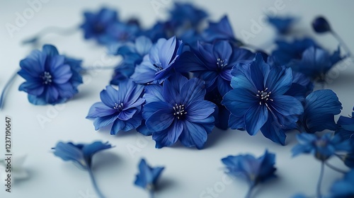 A cluster of deep blue bachelora??s buttons flowers resting on a white background photo