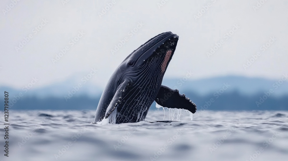 Fototapeta premium Humpback whale breaching ocean, coastal background, wildlife