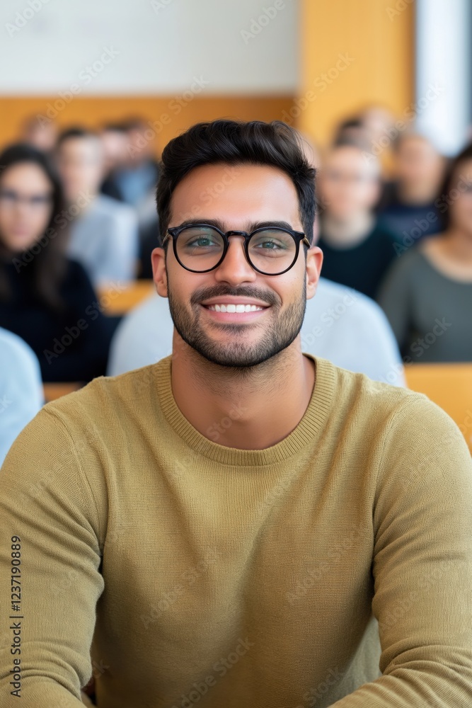 A man wearing glasses and a yellow sweater is smiling at the camera. He is surrounded by a group of people, some of whom are wearing glasses as well A man wearing glasses and a yellow sweater is smiling at the camera. He is surrounded by a group of people, some of whom are wearing glasses as well