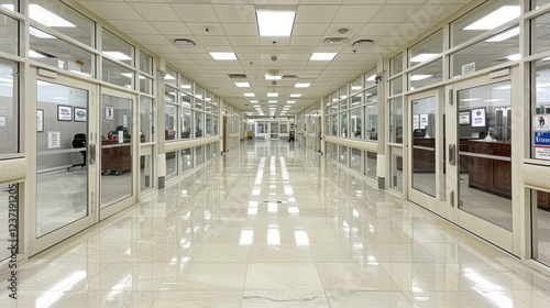 Spacious Government Office Corridor with Glass-Enclosed Offices and Tiled Flooring Highlighting a Symmetrical Design and Modern Architecture
