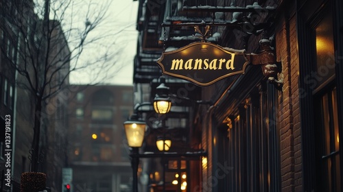 Close-Up of Vintage Street Lamps Illuminating a Misty Urban Alleyway with Historical Buildings and Rustic Signs at Dusk in a Winter Environment