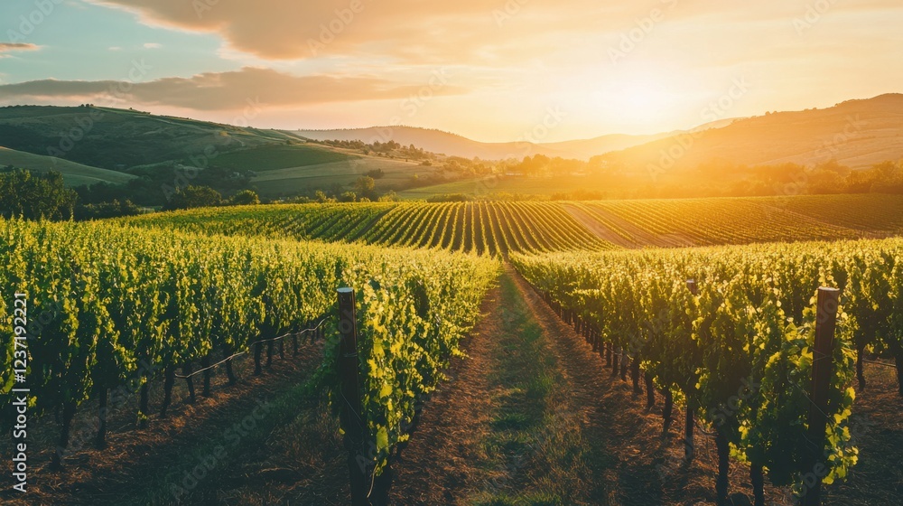 Naklejka premium An expansive vineyard at sunset with grapevines stretching across rolling hills, Vineyard scene, Natural beauty style